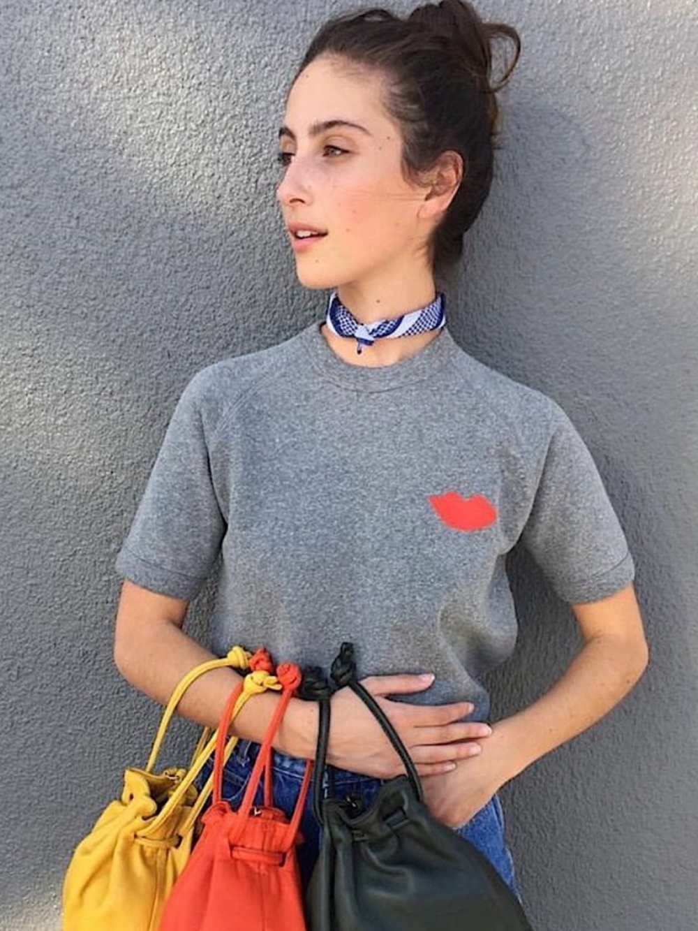 Clare V. Heather Grey Crewneck Sweatshirt Short Sleeve T Shirt With Red Lips XS